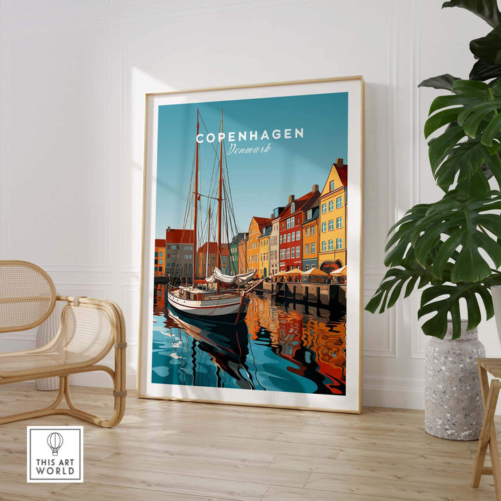 Copenhagen travel poster print showcasing colorful buildings and a boat in the water, perfect for home décor.