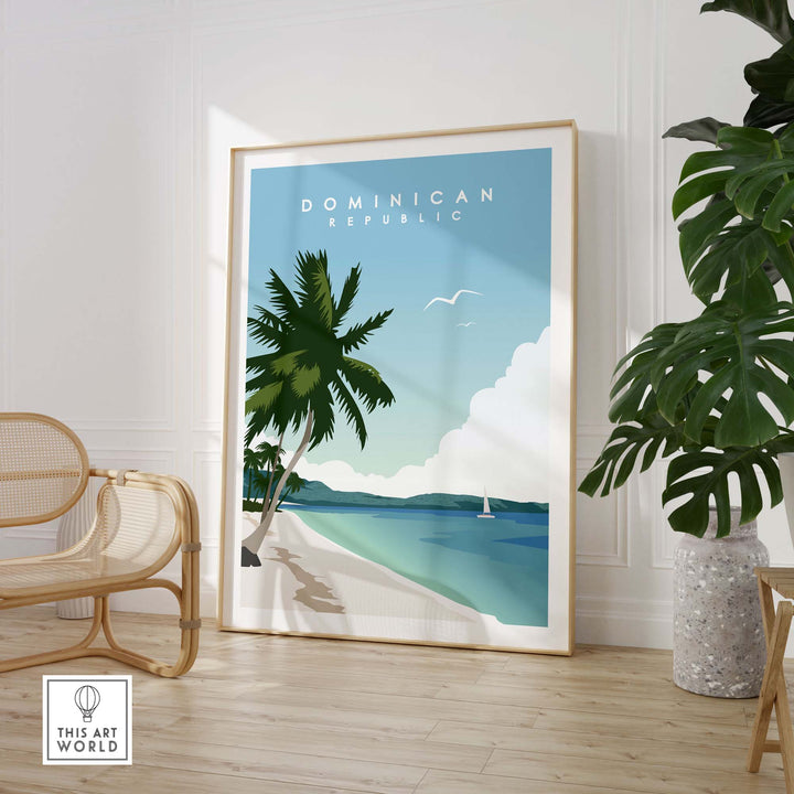 Vibrant Dominican Republic travel poster print featuring palm trees and a tropical beach scene.