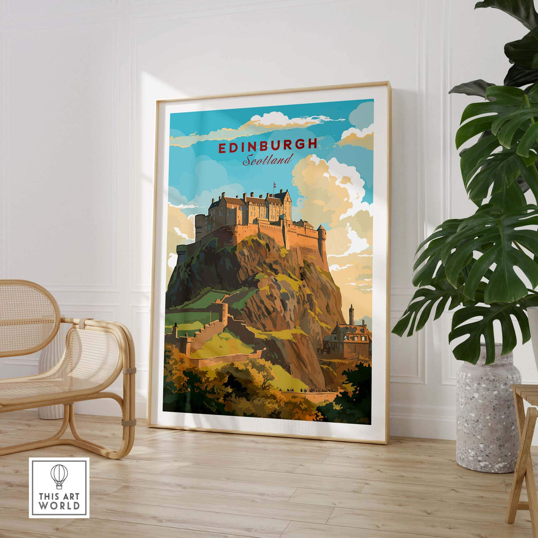 Edinburgh Poster Print featuring Edinburgh Castle, vibrant wall art for travel lovers and Scotland enthusiasts.