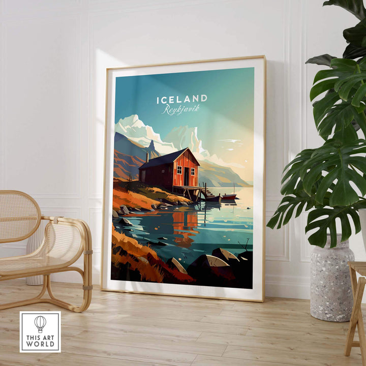 Iceland poster of Reykjavik showcasing a scenic landscape with a red farmhouse by the water, perfect for home decor.