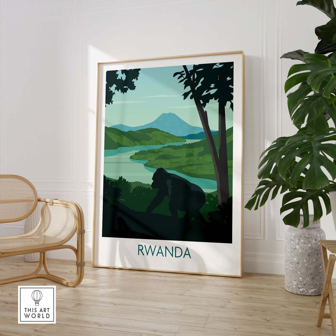 Rwanda Mountain Gorilla wall art print showcasing vibrant colors and lush greenery in a stylish home setting.