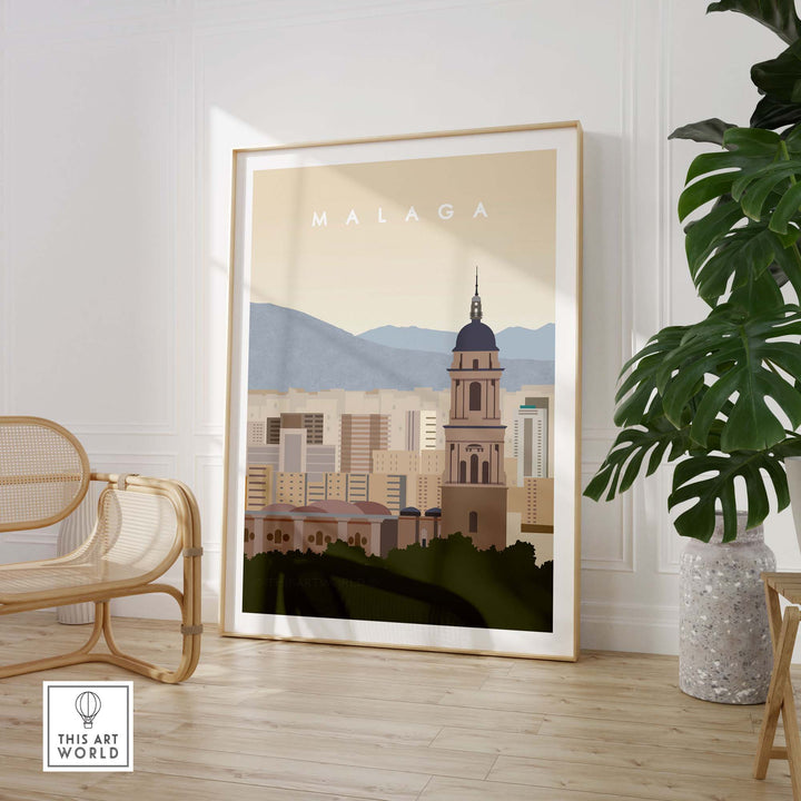 Minimalist Malaga travel poster print showcasing the city skyline with mountains in the background, perfect for home decor.