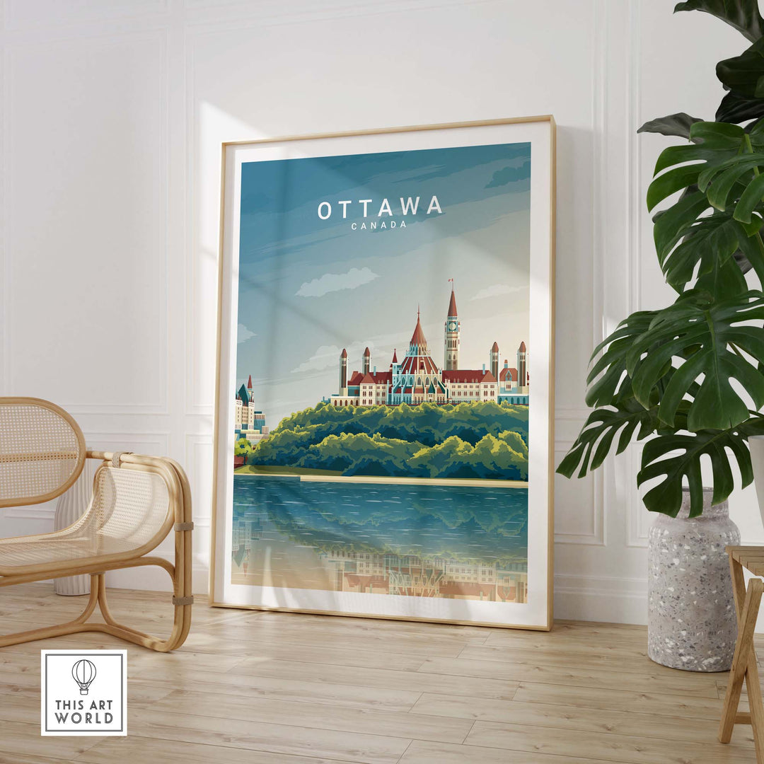 Ottawa Canada travel poster print featuring vibrant colors and modern design in a stylish living space.
