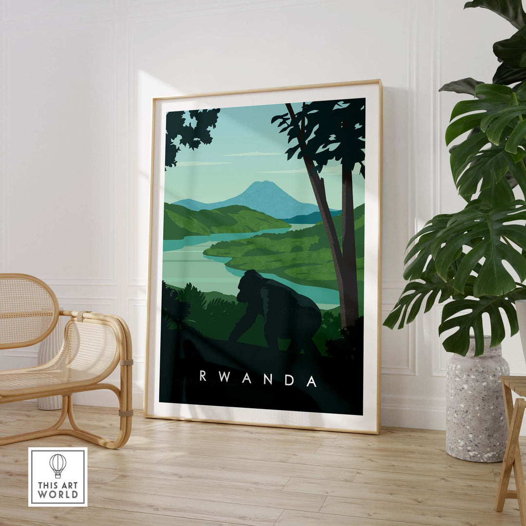Rwanda travel poster print featuring mountain gorillas in a lush green landscape, perfect for safari-themed decor.