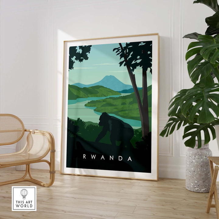 Rwanda travel poster print featuring mountain gorillas in a lush green landscape, perfect for safari-themed decor.
