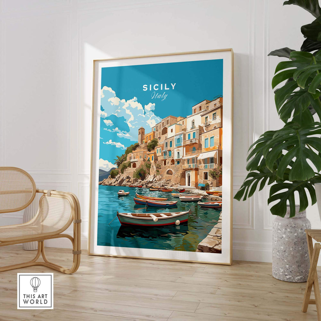 Sicily Wall Art Print featuring a coastal scene with colorful boats and buildings, perfect for Italian decor.