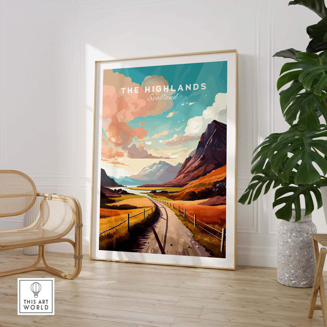 Scottish Highlands art print featuring vibrant landscapes and serene skies, ideal for home decor.