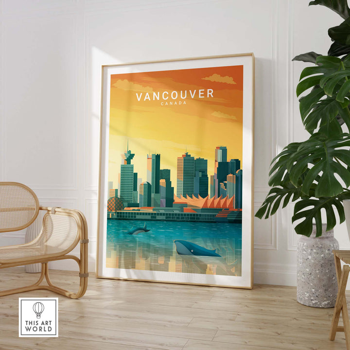 Vancouver Canada travel poster print showcasing whales and city skyline in vibrant colors.