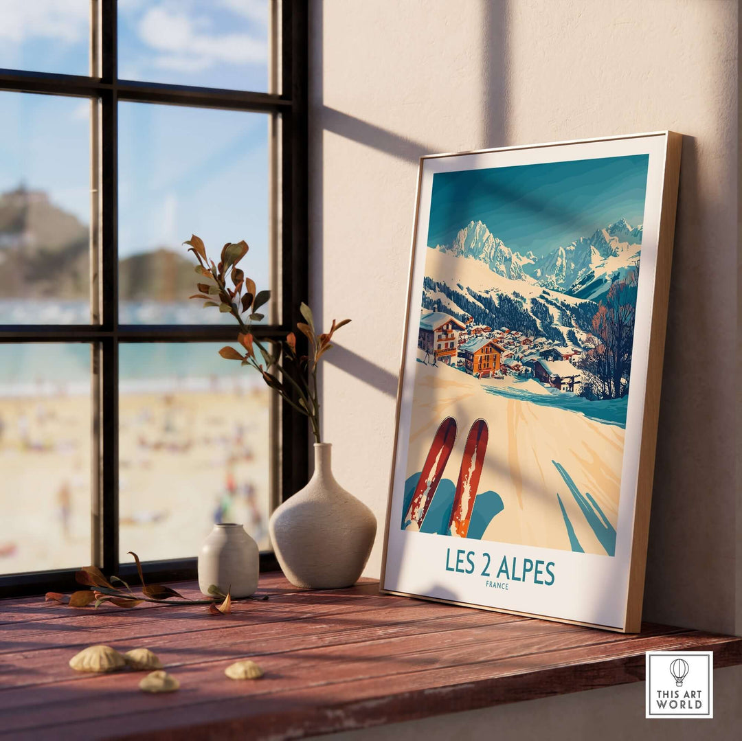 Les 2 Alpes Ski Poster Print featuring vibrant colors and snowy slopes, displayed in a cozy interior setting.