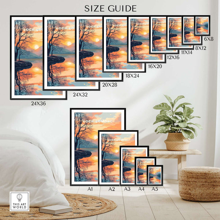 Loch Lomond Print size guide displaying various frame dimensions and designs in a cozy home setting.