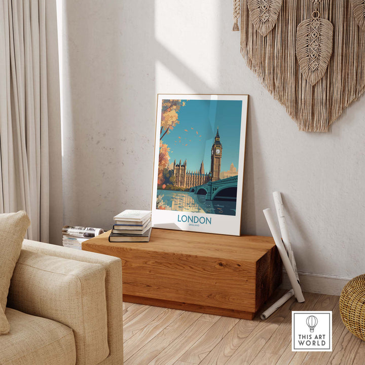London Big Ben wall art poster displaying vibrant colors in a modern interior setting, perfect for home decor.