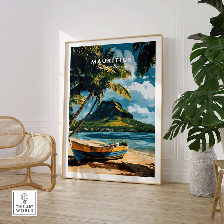 Mauritius beach art print featuring a colorful boat and tropical palm trees, perfect for home decor.