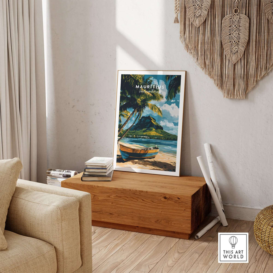 Colorful Mauritius beach art print with a boat, palm trees, and tropical scenery in a stylish home interior setting.