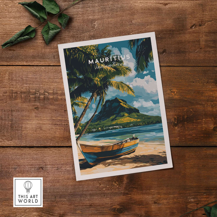 Mauritius beach art print featuring a colorful boat, palm trees, and scenic island for tropical decor.