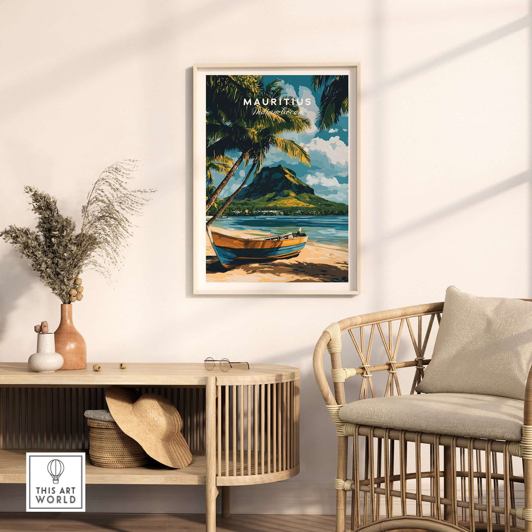Mauritius beach art print featuring a colorful boat and tropical palms in a stylish home setting.