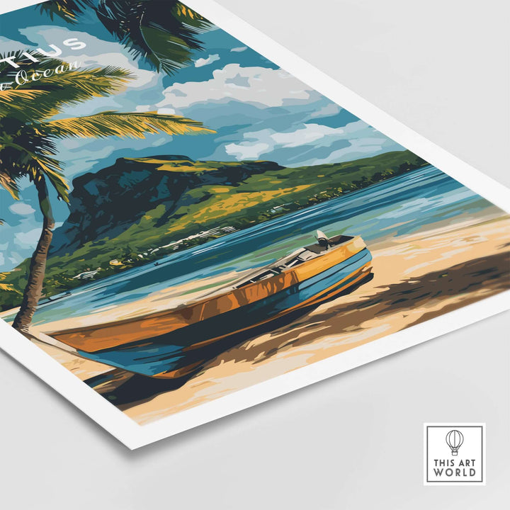 Mauritius beach art print featuring a colorful boat on the shore with lush palms and an island backdrop.