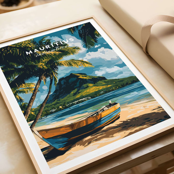 Mauritius beach art print depicting a colorful boat on the shore with swaying palms and picturesque island scenery.