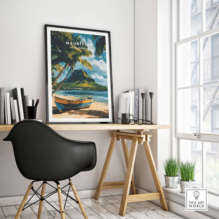 Mauritius beach art print in home office, featuring a colorful boat and tropical scenery.