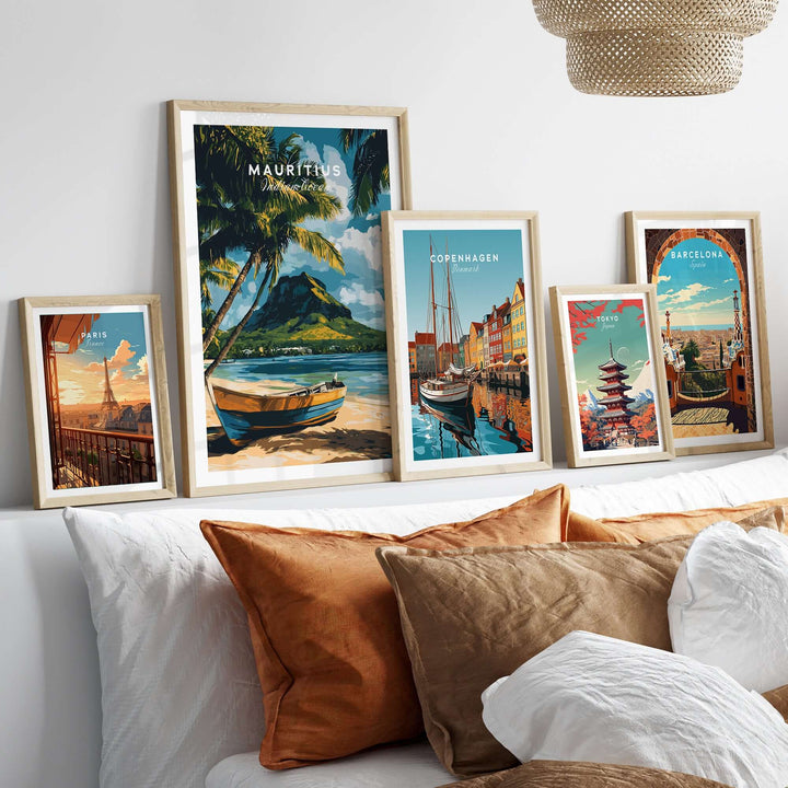 Mauritius beach art print with tropical scenery and framed posters on a cozy couch decor.