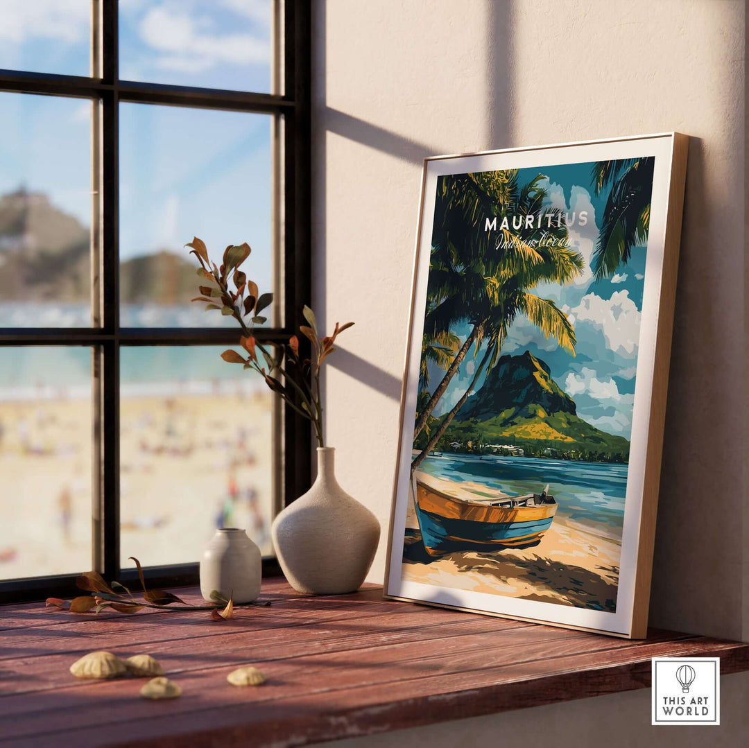 Mauritius beach art print featuring a colorful boat and palms, perfect for tropical decor in a sunny home setting.