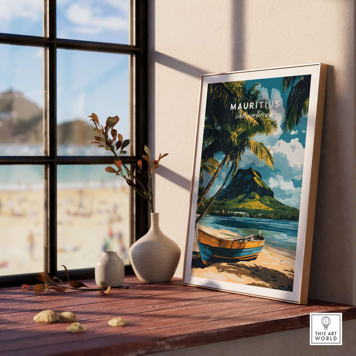 Mauritius beach art print featuring a colorful boat and palms, perfect for tropical decor in a sunny home setting.