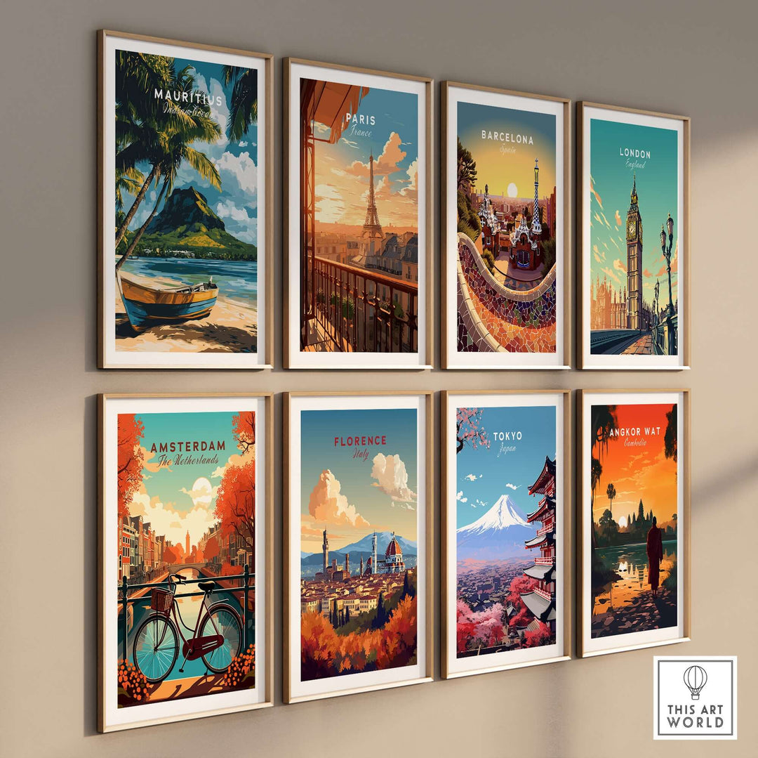 Collection of travel art prints featuring Mauritius, Paris, Barcelona, London, Amsterdam, Florence, and Tokyo.