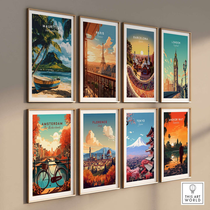 Collection of travel art prints featuring Mauritius, Paris, Barcelona, London, Amsterdam, Florence, and Tokyo.