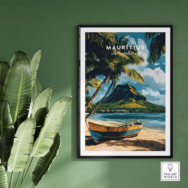 Mauritius beach art print featuring a colorful boat and lush palms, perfect tropical island decor.
