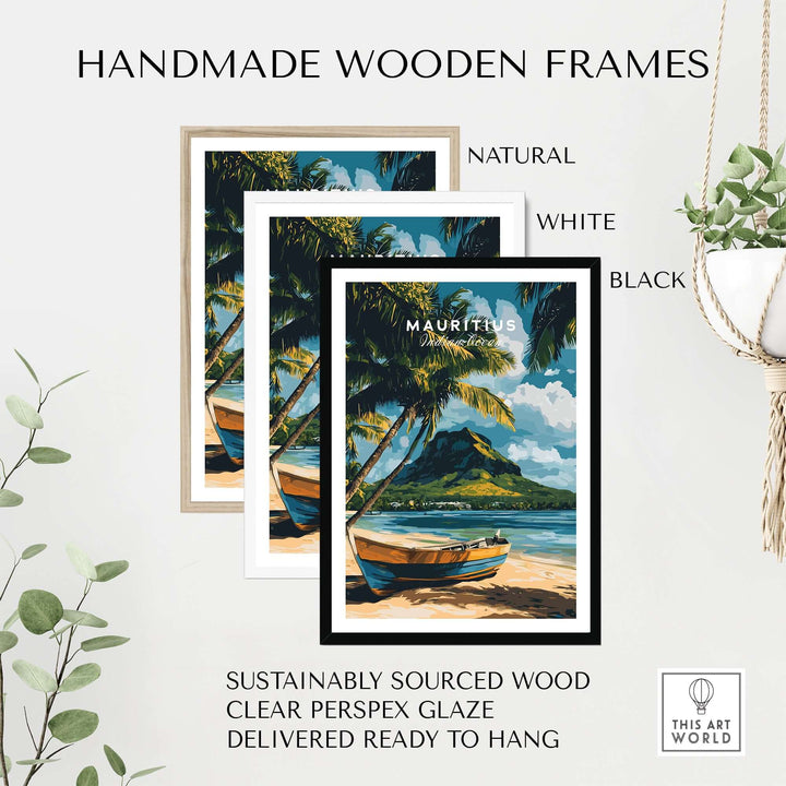 Handmade wooden frames in natural, white, and black for Mauritius beach art print, sustainably sourced and ready to hang.