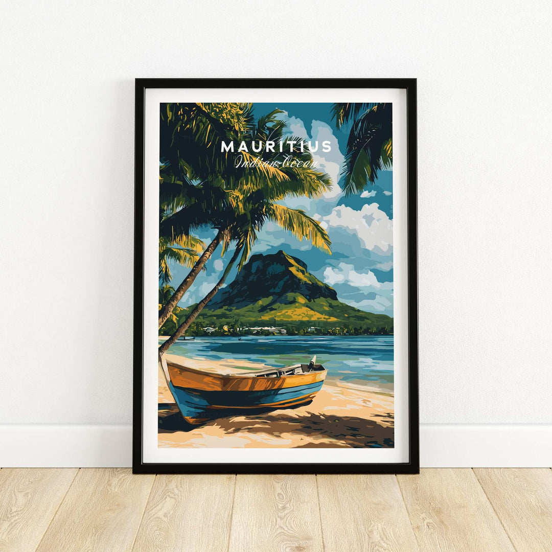 Mauritius beach art print featuring a colorful boat, palm trees, and a picturesque island scene.
