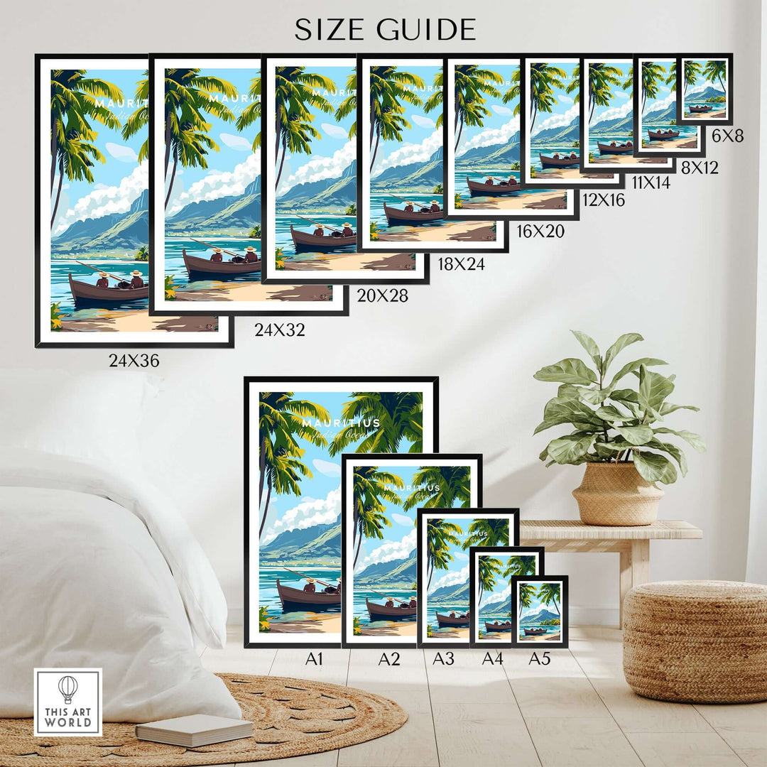 Size guide for Mauritius Island print featuring dimensions and tropical scenery with boats and palm trees.