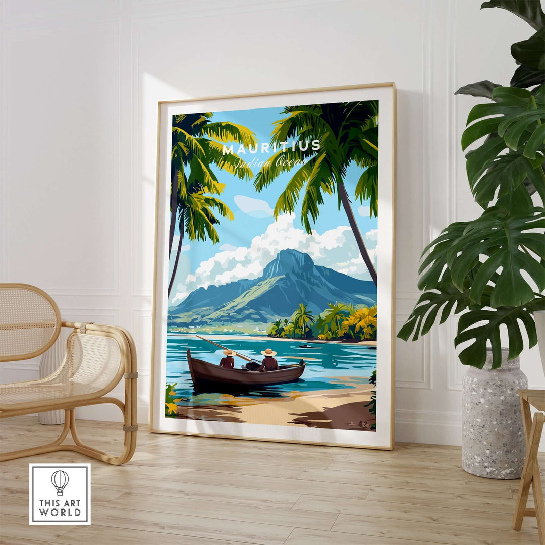 Mauritius island print featuring a boat, mountains, and palm trees for a tropical home decor.
