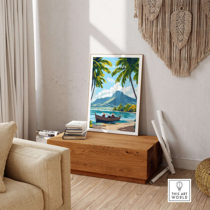 Mauritius Island print showcasing vibrant ocean, mountain, and boat; perfect tropical escape for home decor.