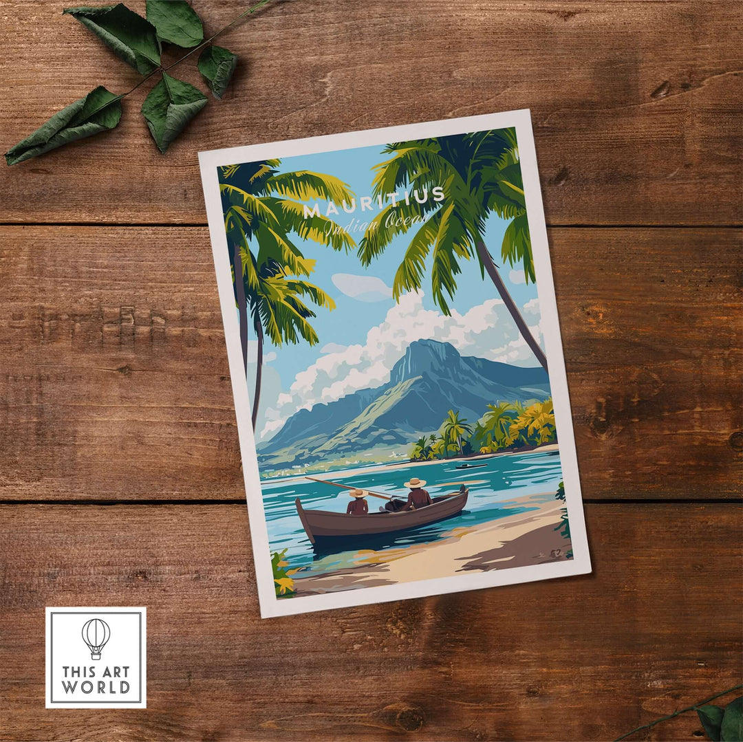 Mauritius island print showcasing serene tropical landscape with mountains and a boat, ideal for home decor.