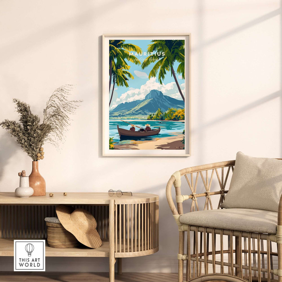 Mauritius island print featuring mountains and a boat, perfect for a serene tropical home decor.