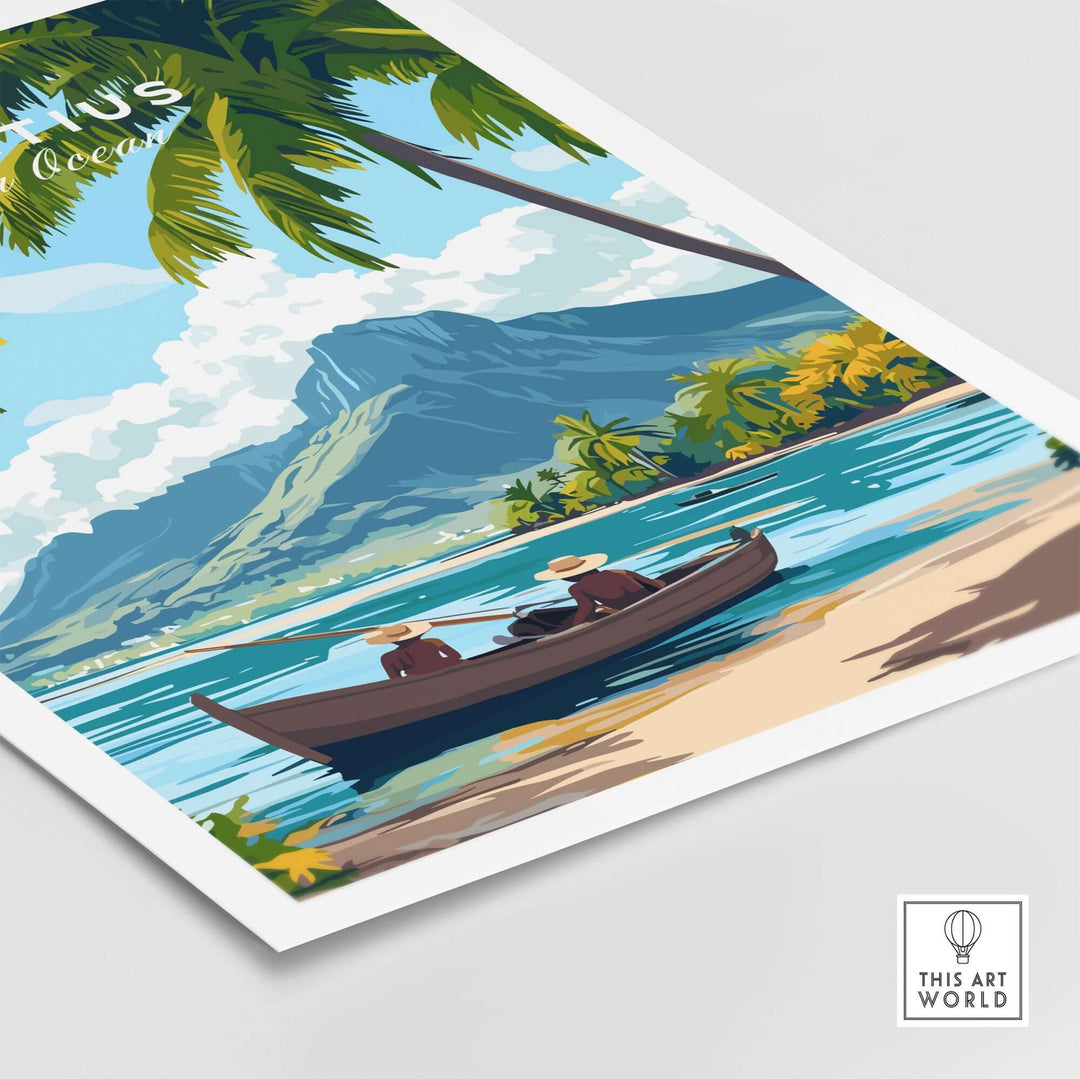 Mauritius Island print showcasing a tranquil scene with palm trees, mountains, and a boat on shimmering waters.