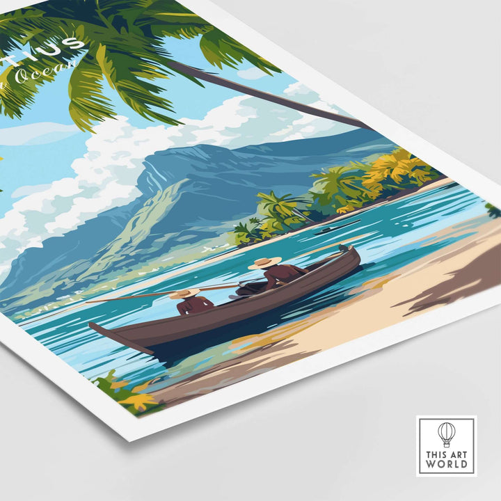 Mauritius Island print showcasing a tranquil scene with palm trees, mountains, and a boat on shimmering waters.