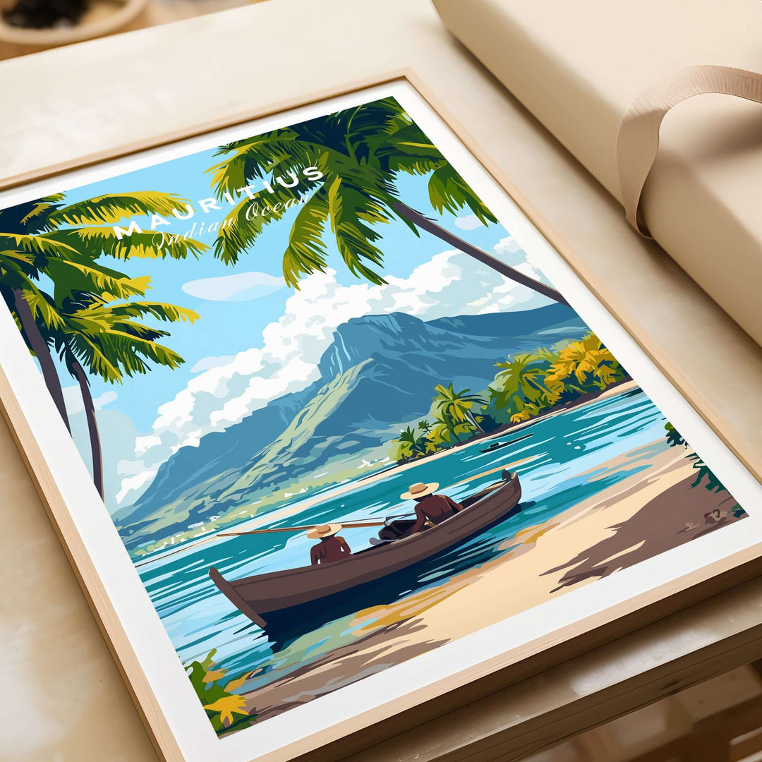 Mauritius island print featuring a serene scene with boats, mountains, and tropical palm trees.
