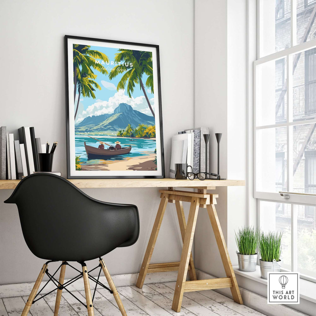 Mauritius island print featuring serene ocean and mountains framed in a stylish home office setting.