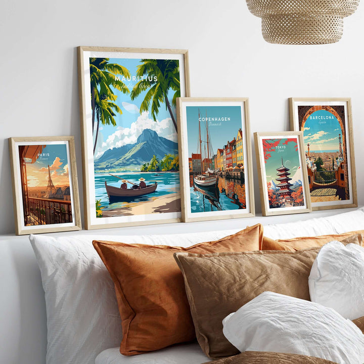 Mauritius Island print among other travel posters on a stylish bed with brown pillows, creating a serene tropical escape.