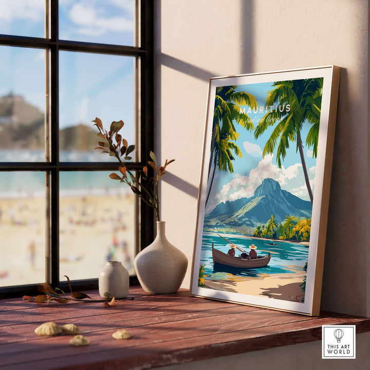 Mauritius island print poster by a window, depicting serene beach, mountains, and tropical scenery for home decor.