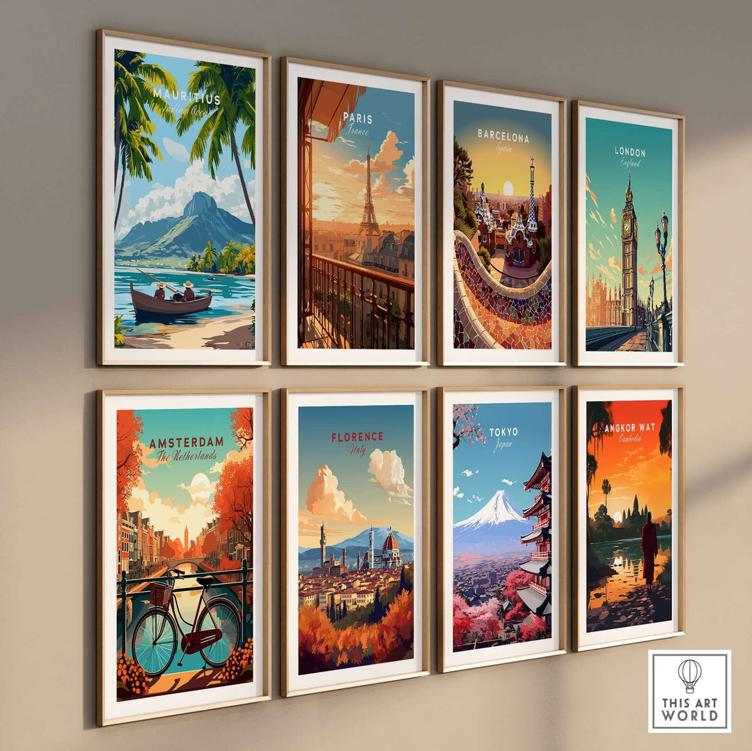 Gallery wall of travel posters featuring Mauritius, Paris, Barcelona, London, Amsterdam, Florence, Tokyo and Bangkok.