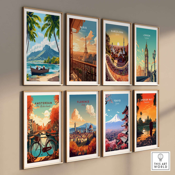 Gallery wall of travel posters featuring Mauritius, Paris, Barcelona, London, Amsterdam, Florence, Tokyo and Bangkok.