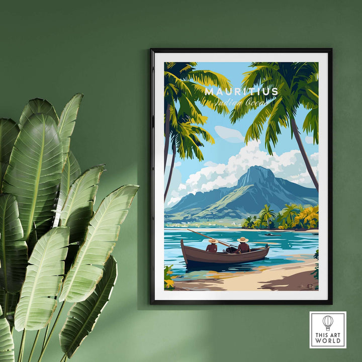 Mauritius island print featuring a tranquil scene of mountains and boat, perfect for home decor.