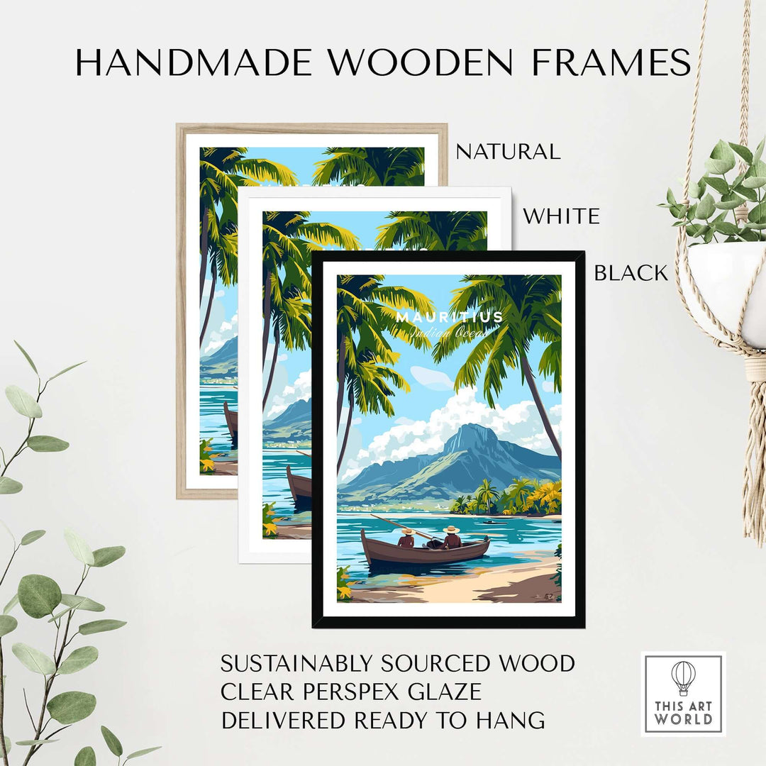 Handmade wooden frames in natural, white, and black showcasing Mauritius tropical print ready to hang.