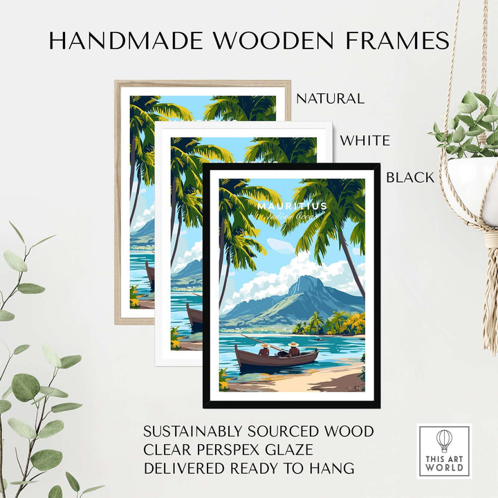 Handmade wooden frames in natural, white, and black showcasing Mauritius tropical print ready to hang.