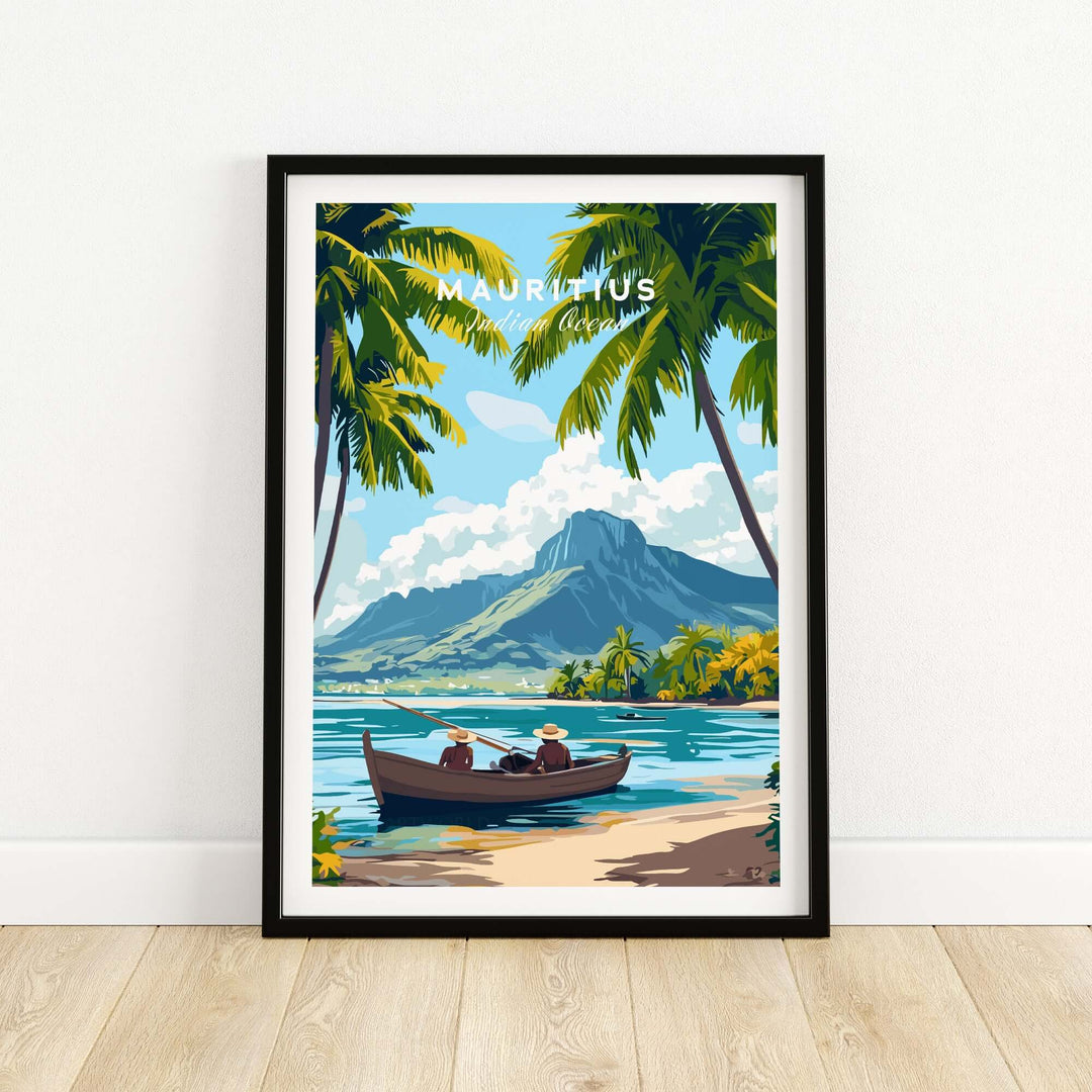 Mauritius island print featuring a serene tropical scene with a boat, mountains, and palm trees in a stylish frame.
