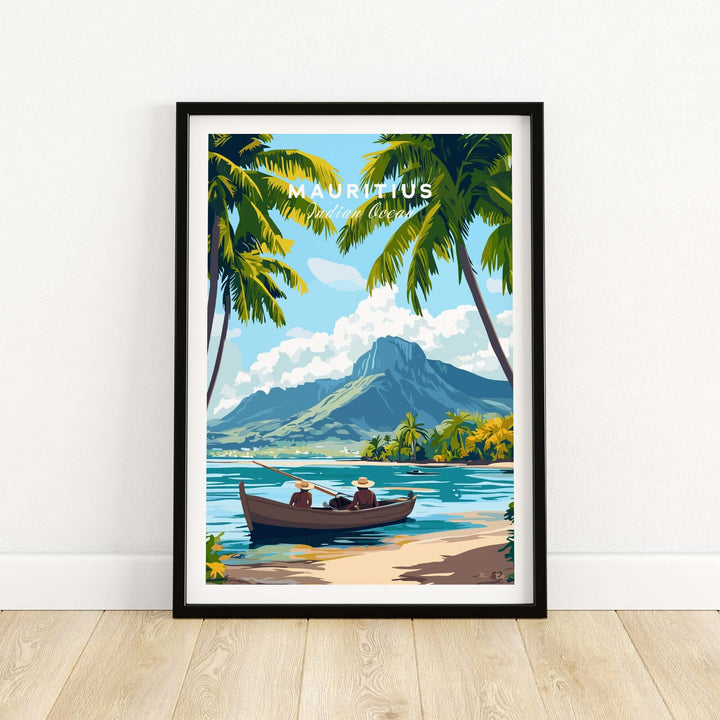 Mauritius island print featuring a serene tropical scene with a boat, mountains, and palm trees in a stylish frame.