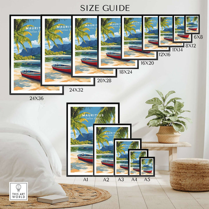 Size guide for Mauritius Island Wall Art poster in various dimensions, featuring a vibrant beach landscape.