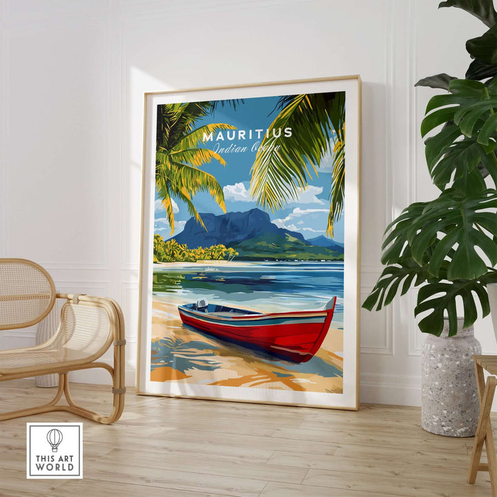 Vibrant Mauritius Island wall art poster featuring a red boat by the beach and palm trees, evoking Indian Ocean tranquility.